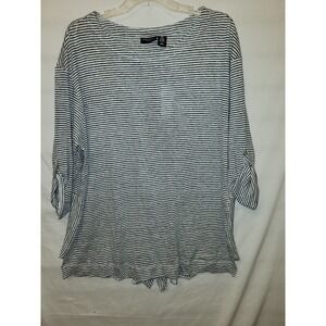 Adrienne Vittadini Top Womens 2X Blue White Striped Linen Roll Tab 3/4 Sleeve